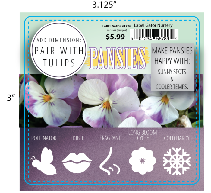 Example of Pansy Label with good use of copy - vegetable gardens