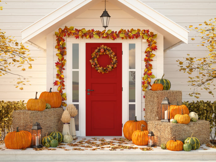 Festive Fall and Halloween pumpkin and foliage display